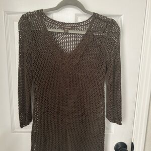 Tommy Bahama Brown Crochet V-Neck Tunic Sweater